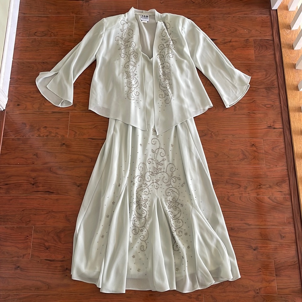 R & M Richards Sage Green Rhinestone Bridal Gown Dress
